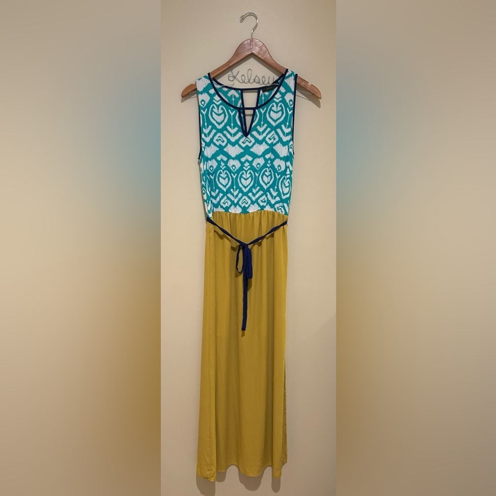 THML Anthropologie Teal Ikat Bodice Yellow Maxi Dress W/ Navy Trim & Side Slit M